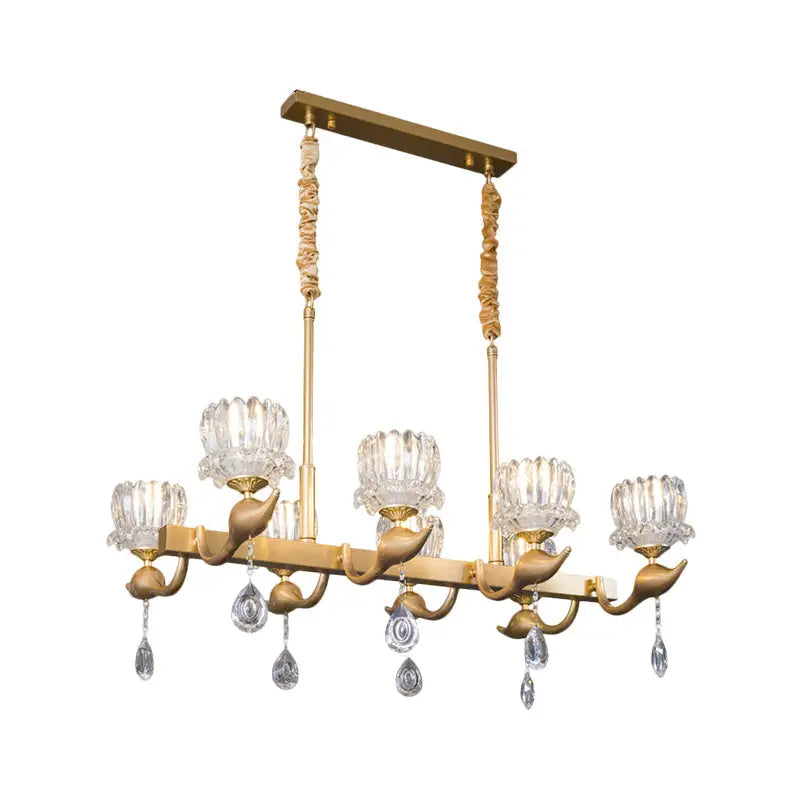 Contemporary gold island chandelier with clear crystal dining room light