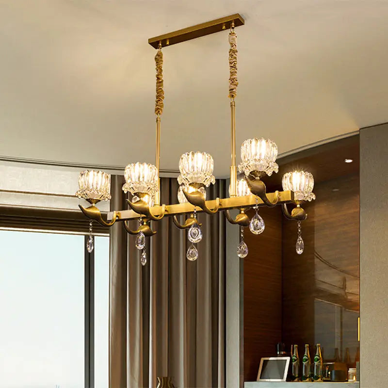 Contemporary gold island chandelier with clear crystal dining room light