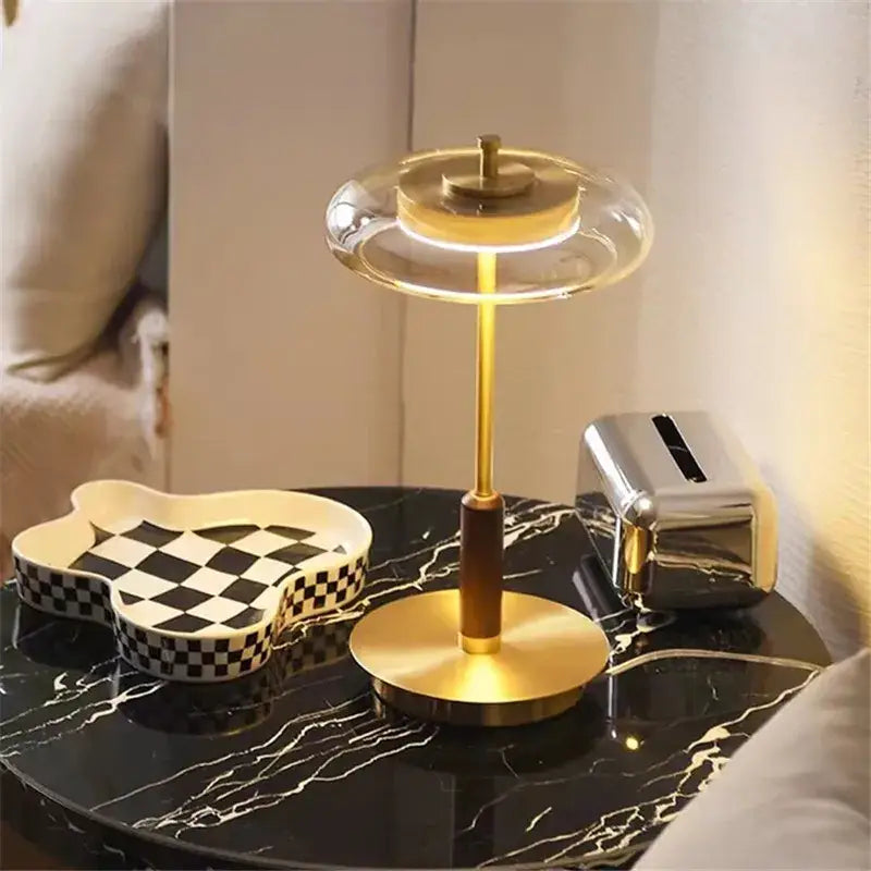gold lustre glass mushroom table lamp bedroom wood accent