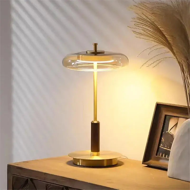 gold lustre glass mushroom table lamp bedroom wood accent