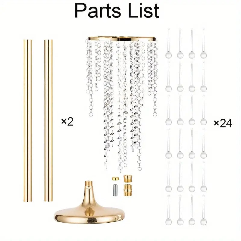 Elegant gold metal vases with crystals and roses for dining room