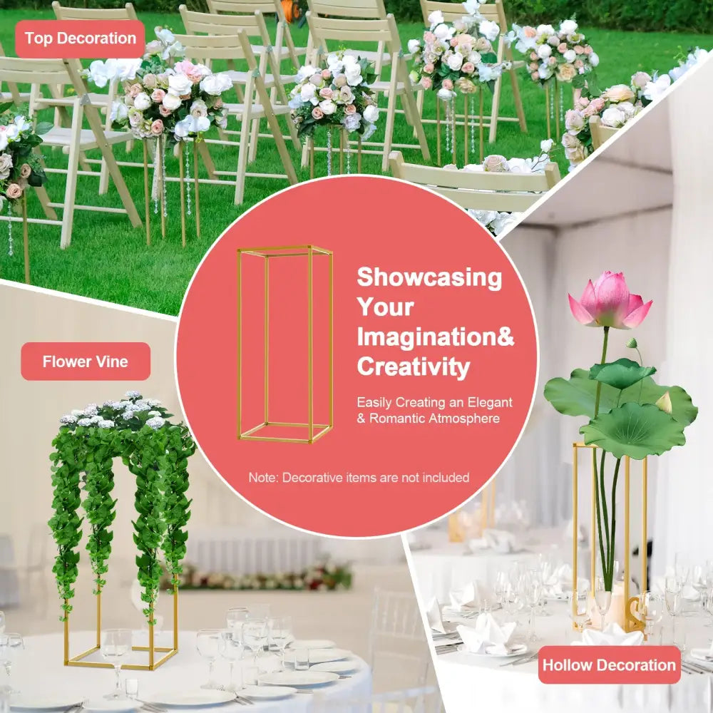Gold metal wedding flower stand set with pink roses for dining room