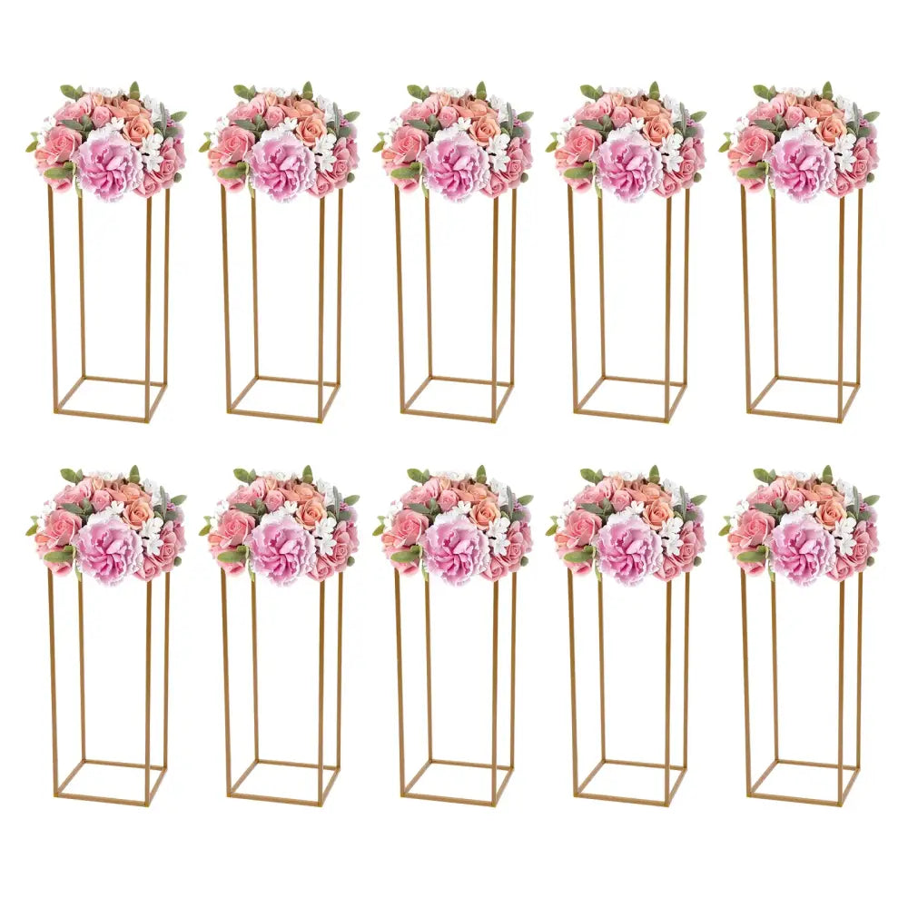 Gold metal wedding flower stand set with pink roses for dining room
