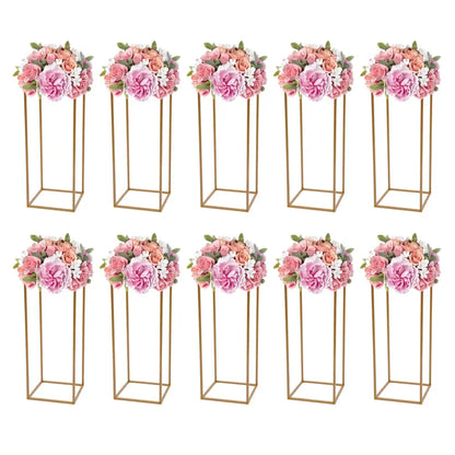 Gold metal wedding flower stand set with pink roses for dining room