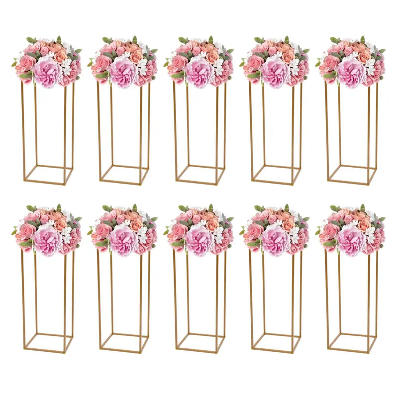 Gold metal wedding flower stand set with pink roses for dining room