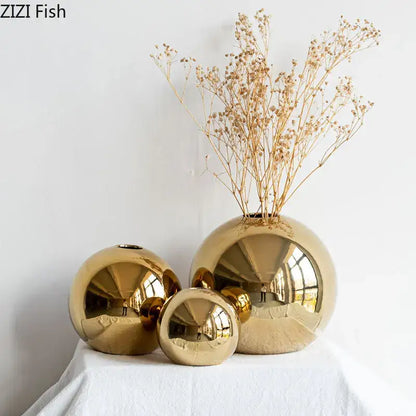 Glossy golden ball ceramic vase set living room decor
