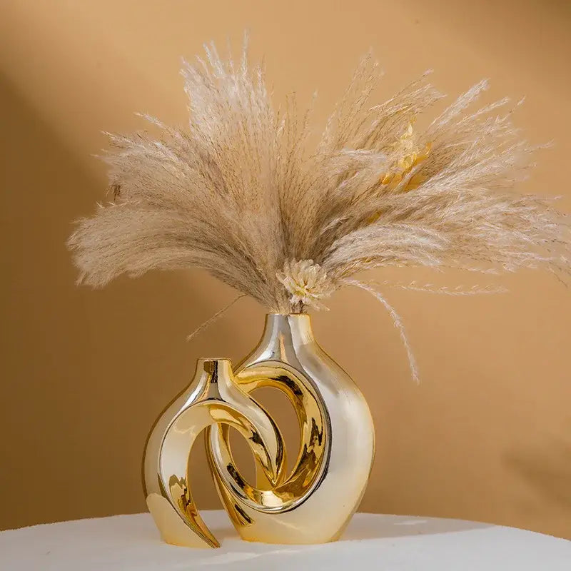 Sculptural golden flower vase living room ceramic decor