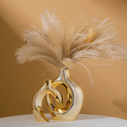 Sculptural golden flower vase living room ceramic decor