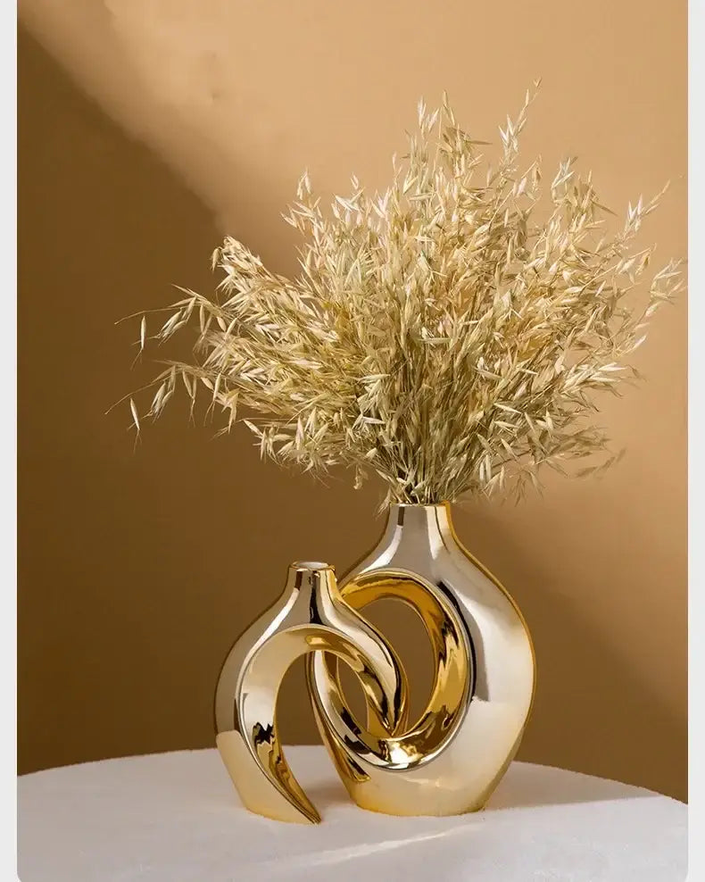 Sculptural golden flower vase living room ceramic decor