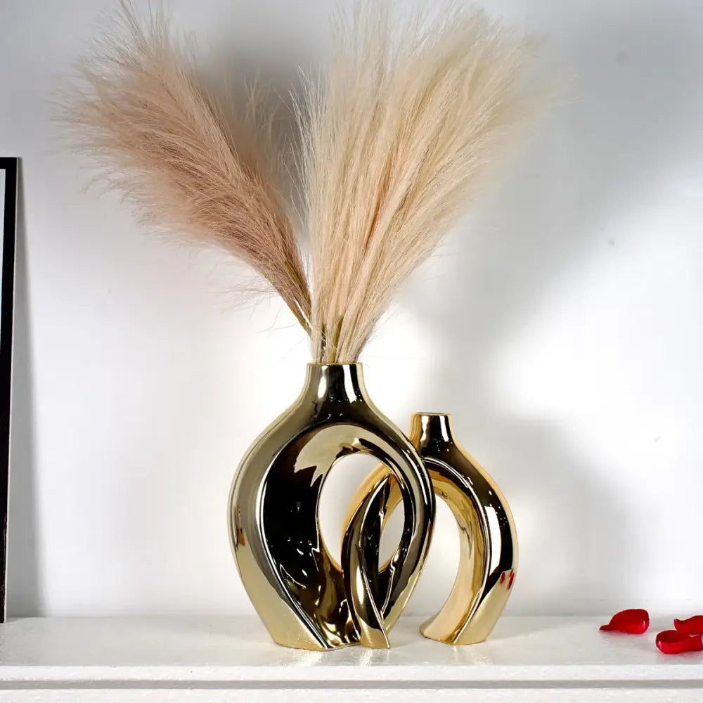 Sculptural golden flower vase living room ceramic decor