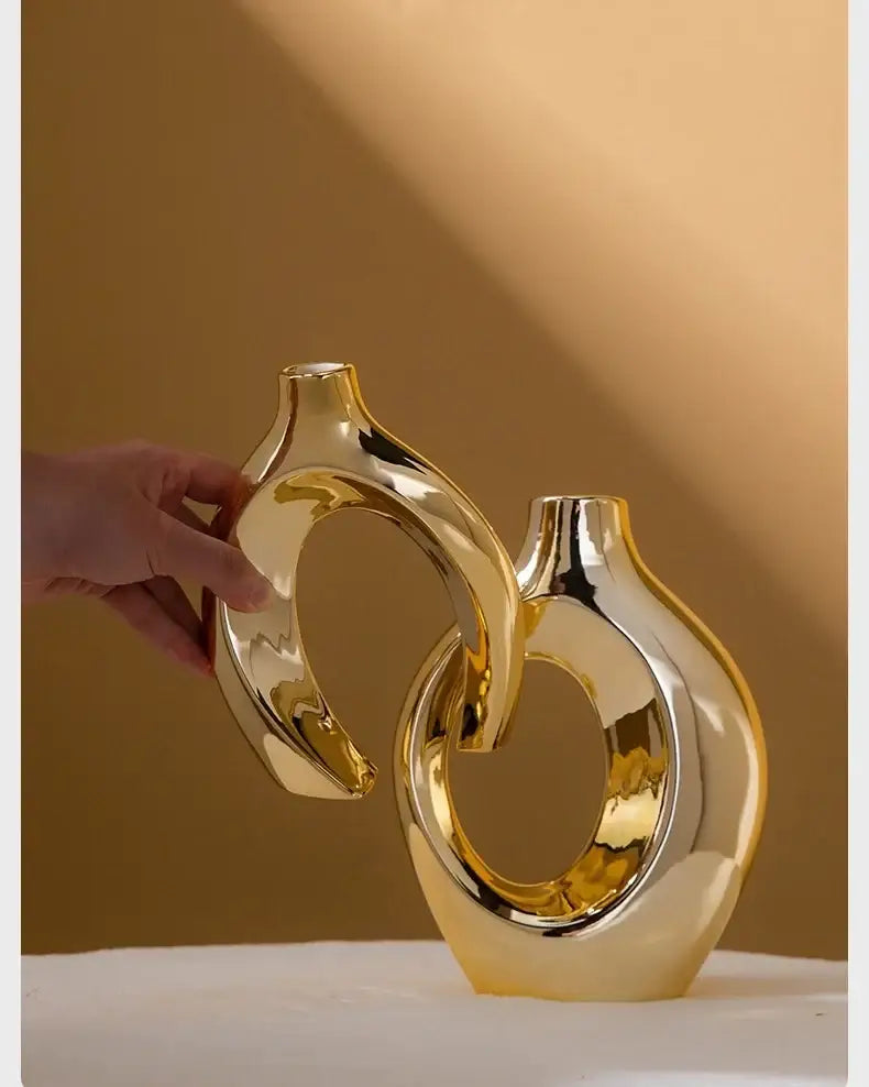 Sculptural golden flower vase living room ceramic decor