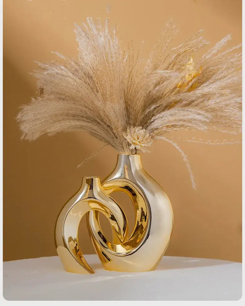 Sculptural golden flower vase living room ceramic decor