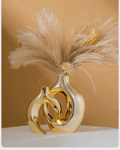 Sculptural golden flower vase living room ceramic decor