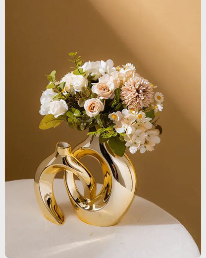 Sculptural golden flower vase living room ceramic decor