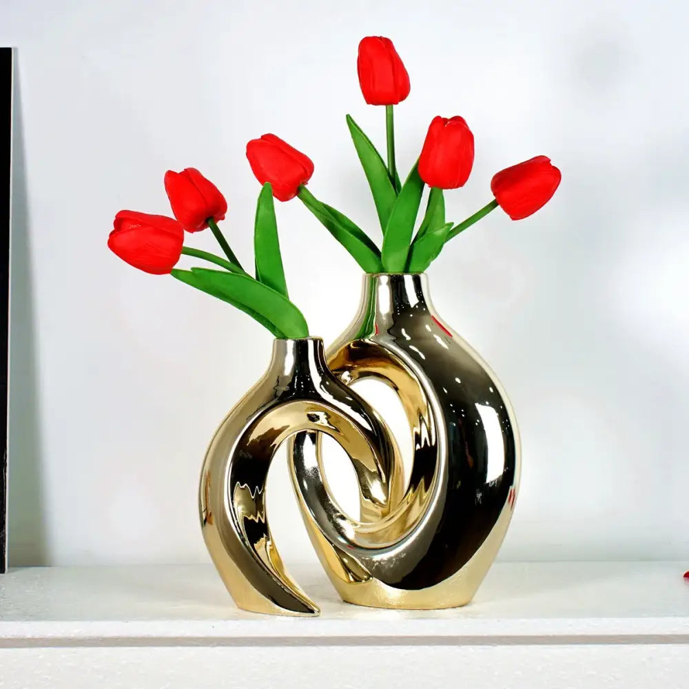 Sculptural golden flower vase living room ceramic decor