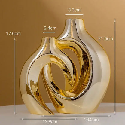 Sculptural golden flower vase living room ceramic decor
