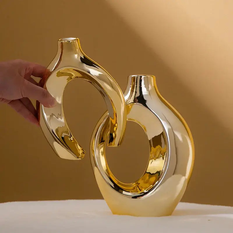 Sculptural golden flower vase living room ceramic decor