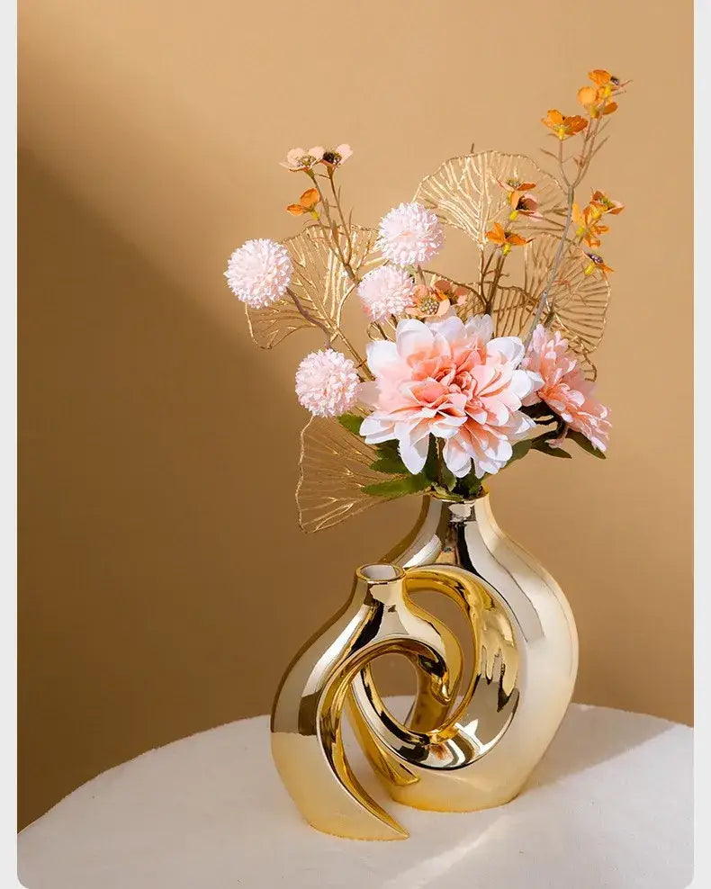 Sculptural golden flower vase living room ceramic decor