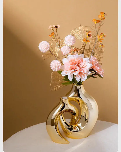 Sculptural golden flower vase living room ceramic decor