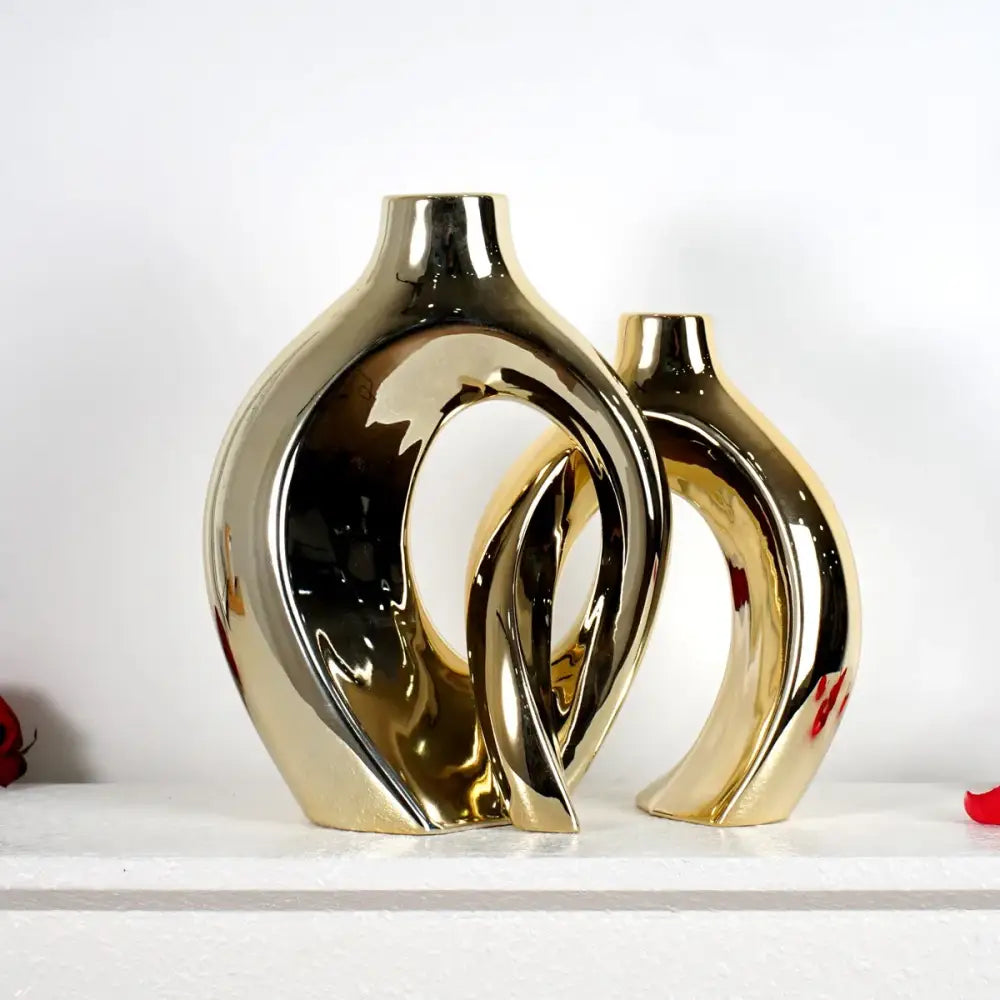 Sculptural golden flower vase living room ceramic decor