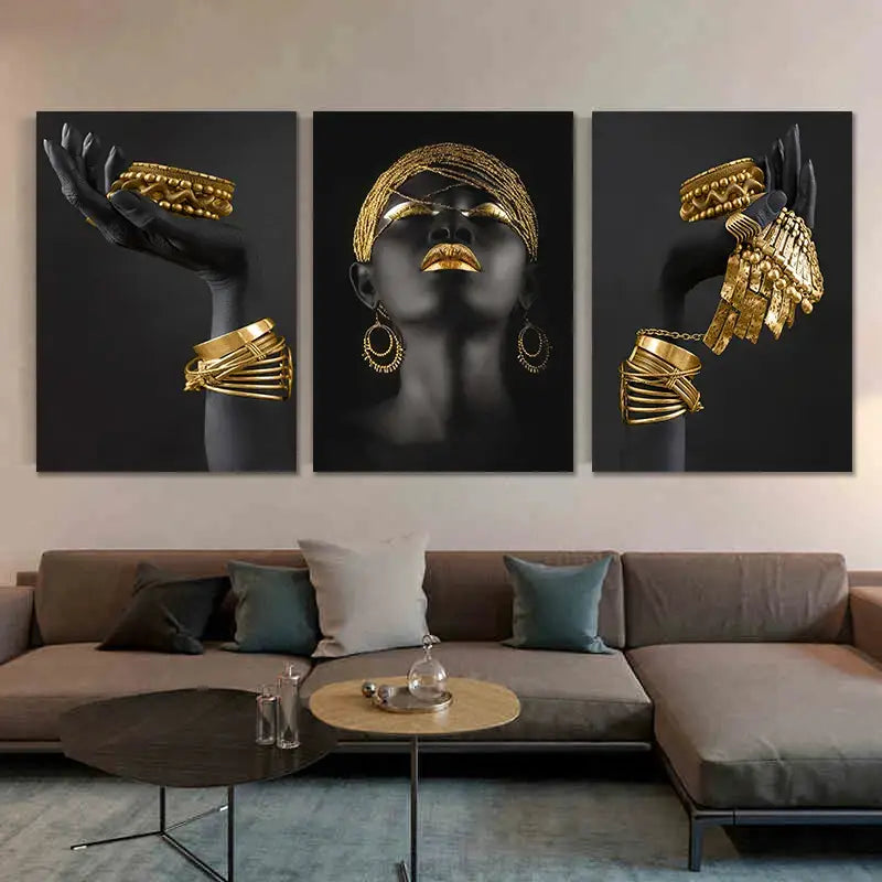 Modern black & gold african woman canvas art triptych living room