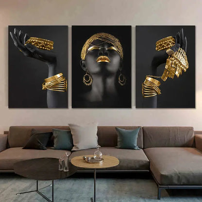 Modern black & gold african woman canvas art triptych living room
