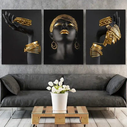 Modern black & gold african woman canvas art triptych living room