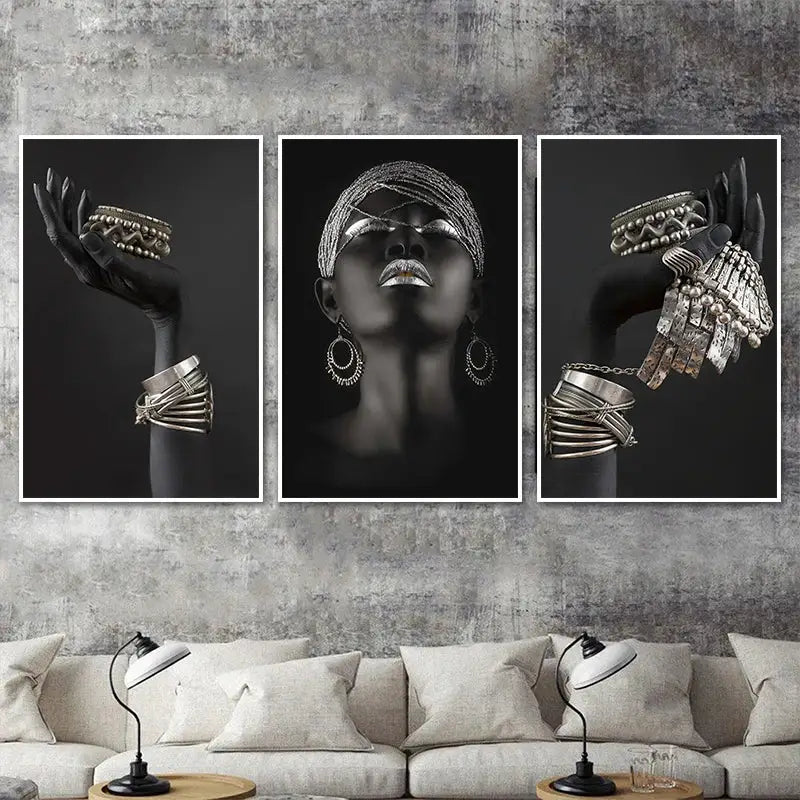 Modern black & gold african woman canvas art triptych living room