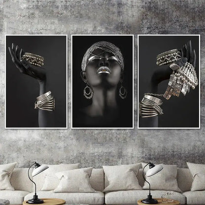 Modern black & gold african woman canvas art triptych living room