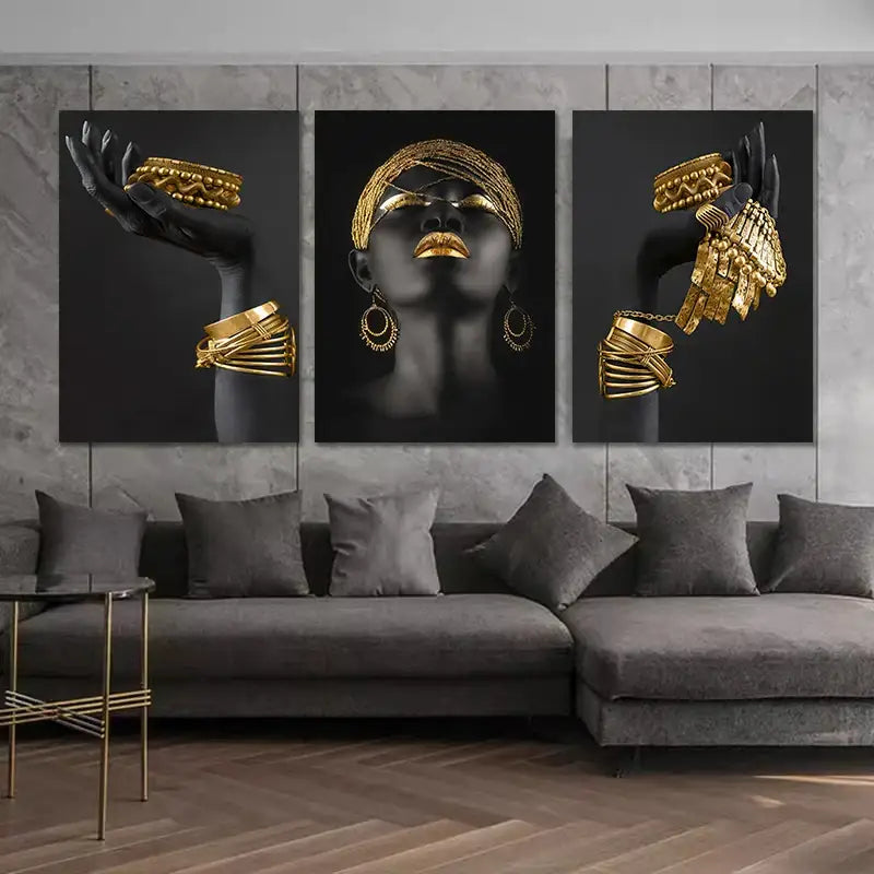 Modern black & gold african woman canvas art triptych living room