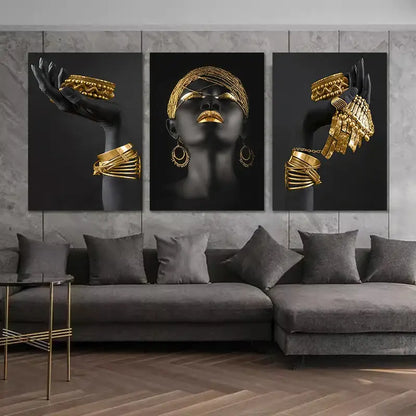 Modern black & gold african woman canvas art triptych living room