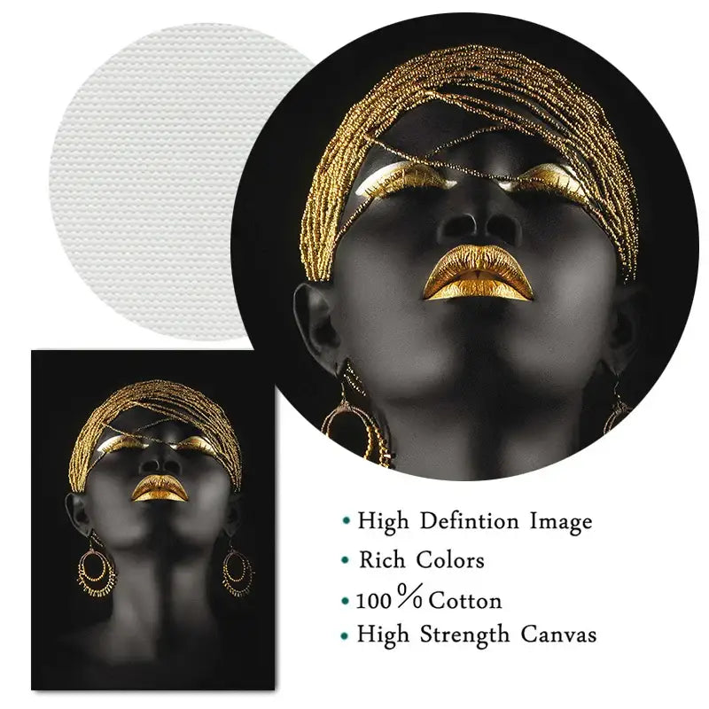 Modern black & gold african woman canvas art triptych living room
