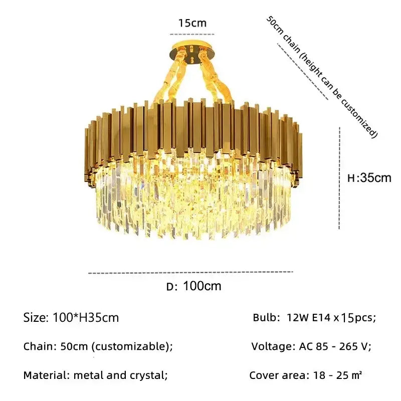 golden luxury chandelier with crystal rods for living room