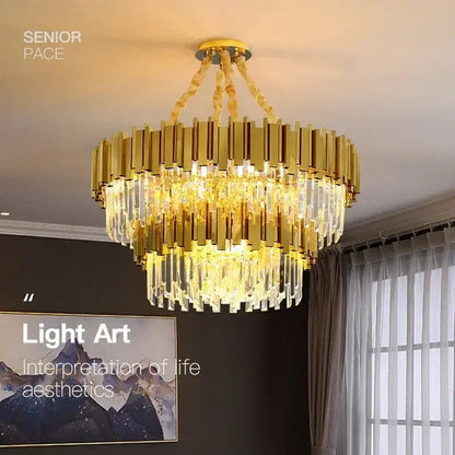 golden luxury chandelier with crystal rods for living room