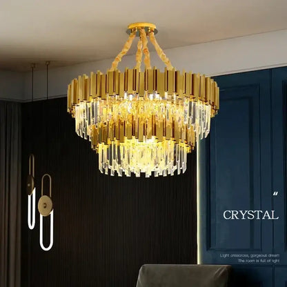 golden luxury chandelier with crystal rods for living room