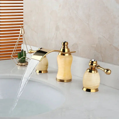 golden plated waterfall bathtub faucet with marble handles
