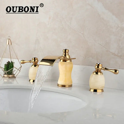 golden plated waterfall bathtub faucet with marble handles
