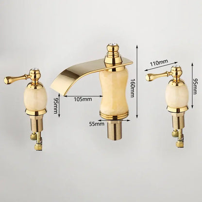 golden plated waterfall bathtub faucet with marble handles