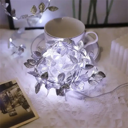 Golden silver tiny leaves fairy lights bedroom decor