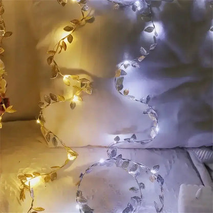 Golden silver tiny leaves fairy lights bedroom decor