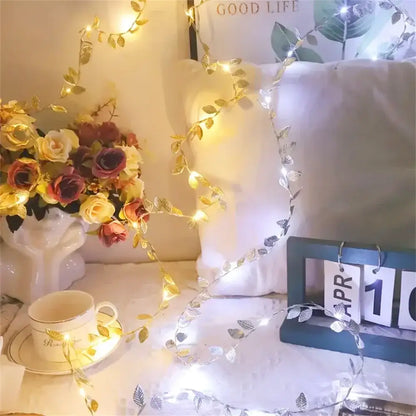 Golden silver tiny leaves fairy lights bedroom decor