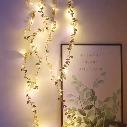 Golden silver tiny leaves fairy lights bedroom decor