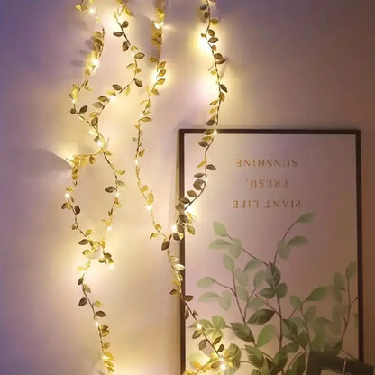 Golden silver tiny leaves fairy lights bedroom decor