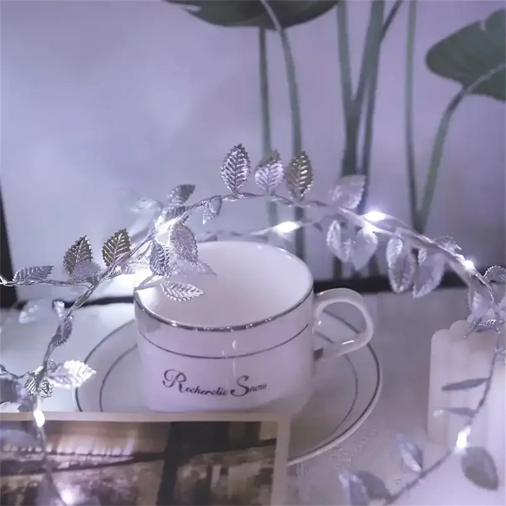 Golden silver tiny leaves fairy lights bedroom decor