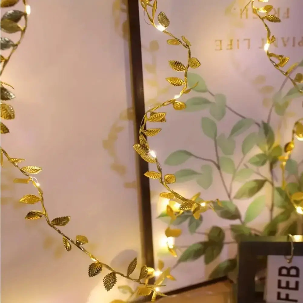 Golden silver tiny leaves fairy lights bedroom decor