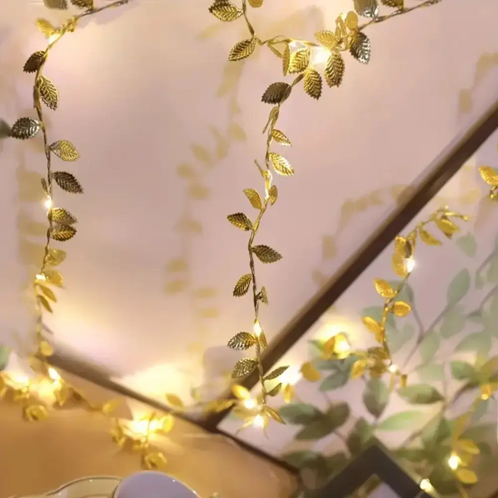 Golden silver tiny leaves fairy lights bedroom decor