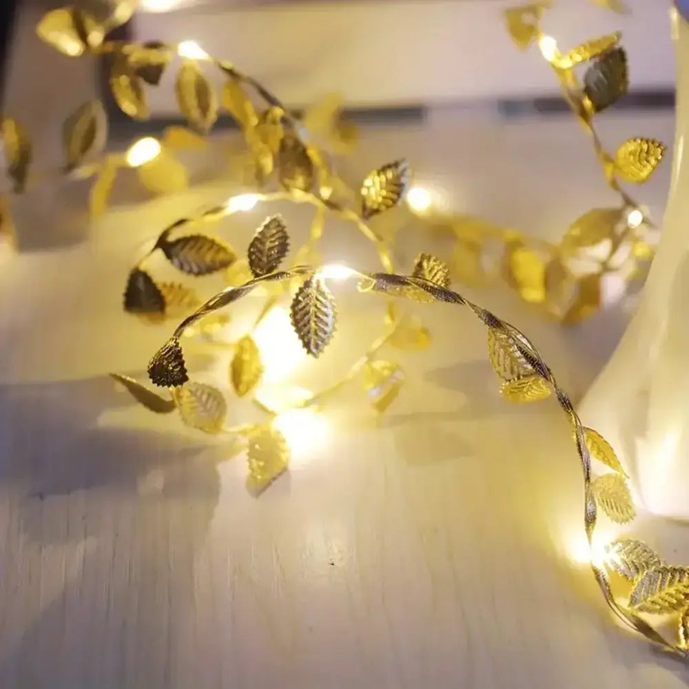 Golden silver tiny leaves fairy lights bedroom decor