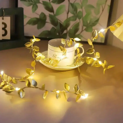 Golden silver tiny leaves fairy lights bedroom decor
