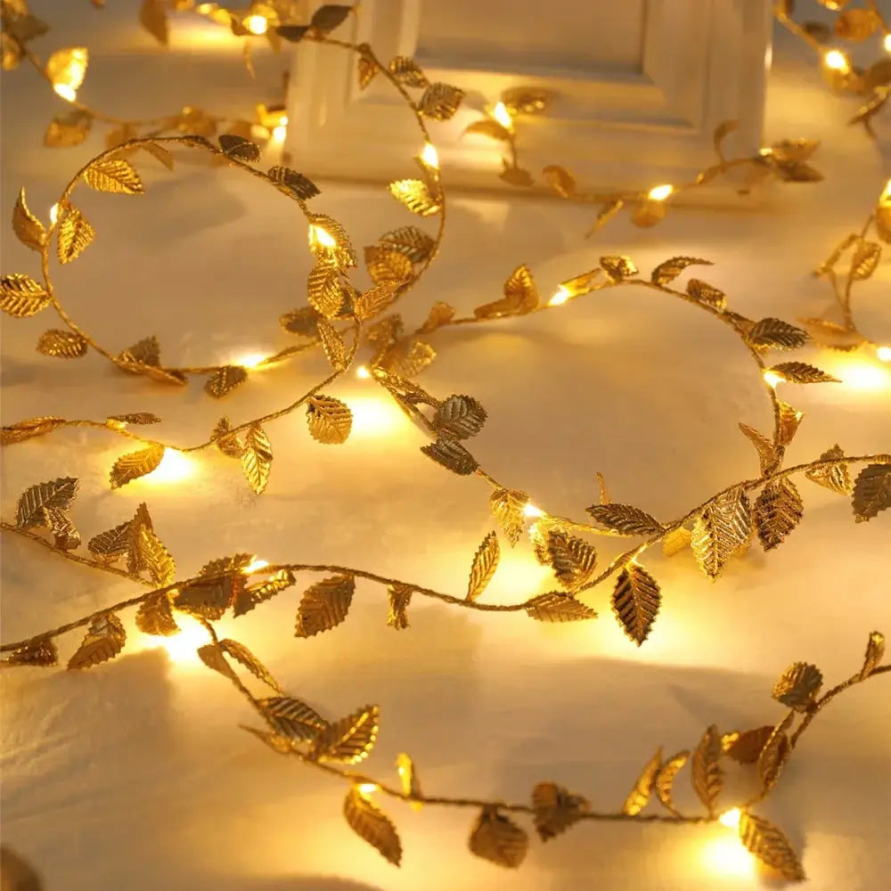Golden silver tiny leaves fairy lights bedroom decor