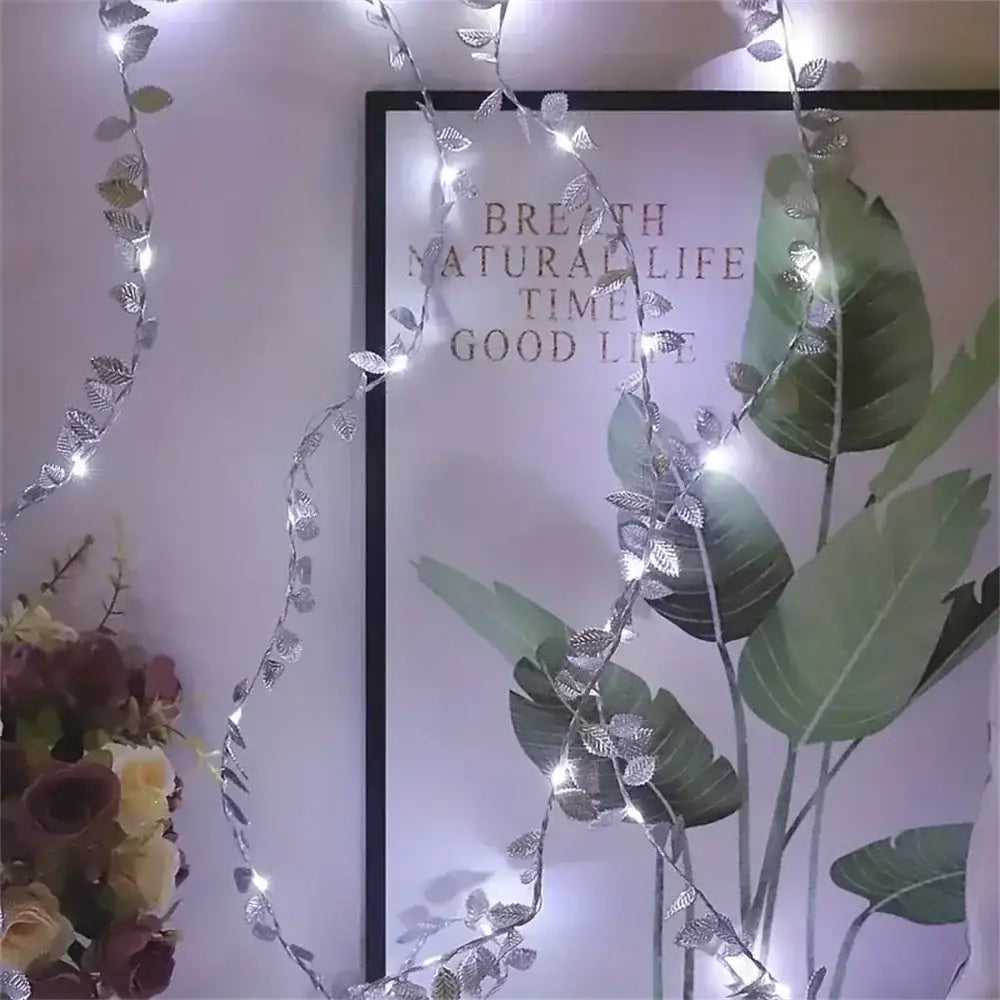 Golden silver tiny leaves fairy lights bedroom decor
